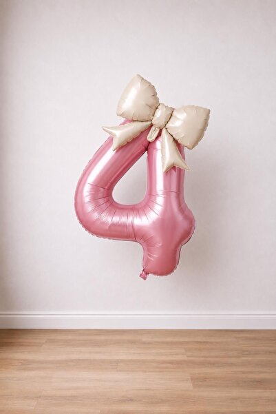 Patladı Gitti Cream Bow & Pink 4 Number Foil Balloon Set