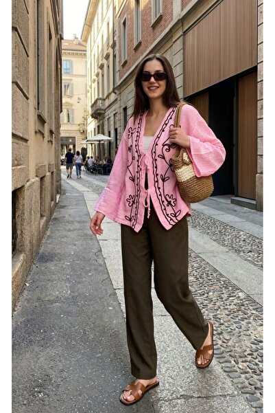 OWERALL Kadın Nakış İşlemeli Bağlamalı Müslin Kimono Gömlek