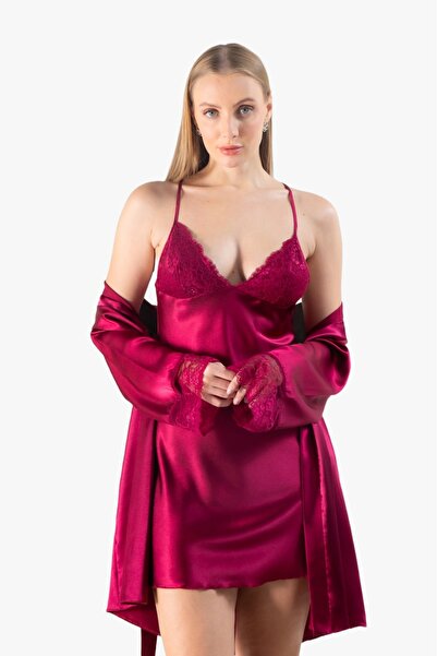 Lunoche Nightwear Saten Çeyizlik Ikili Kadın Gecelik Sabahlık Takımı