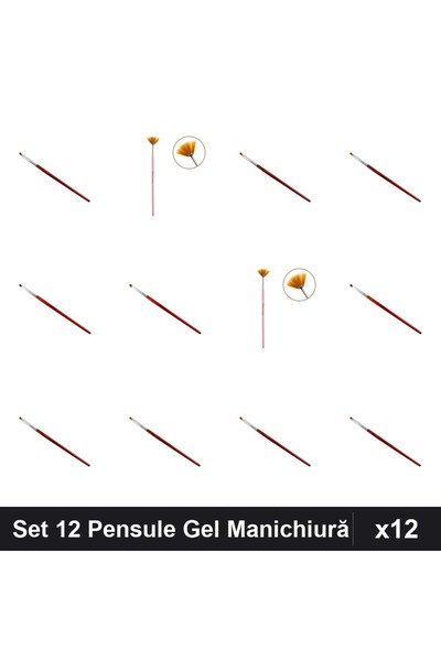 NAİLS Set 12 Pensule Manichiură Gel, Tesit și Limbă Pisică, Profesional Manic...