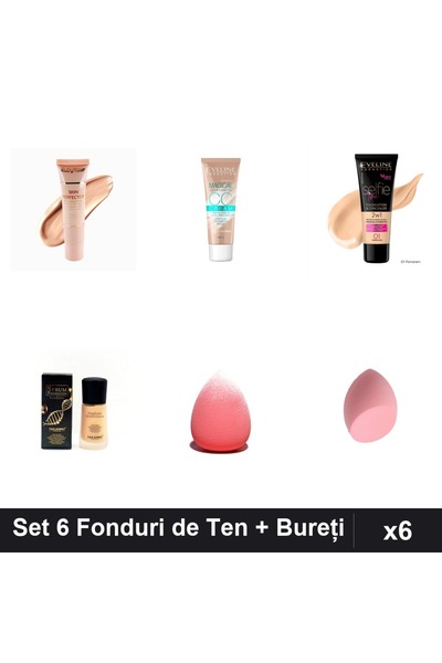 Eveline Set 6 Fonduri de Ten Asortate + 2 Bureți, Ruby Rose TLM, Nuante 01-02...