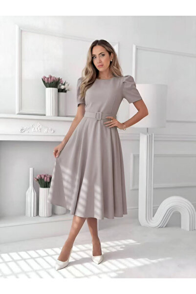 OEM Elegant women's Solid Color midi dress with Belt at the waist and puff sl...