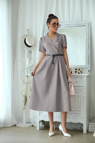 OEM Rochie midi eleganta dama cu dungi fine, cordon in talie si guler tip sac...
