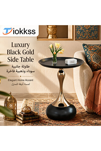 Tiokkss Luxury Black & Gold Round Side Table, 40cm Modern Coffee Table with T...