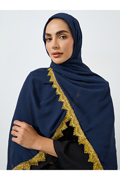 Take Two By Styli Navy Blue Chiffon Hijab with Lace Trim