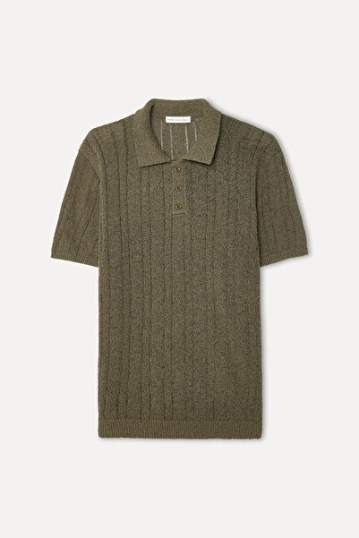 Mudo Men's Beige Linen Blend Polo Collar Short Sleeve Sweater