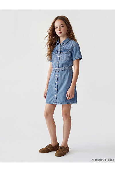 LC Waikiki Nevavm with Difference Shirt Collar Short Sleeves Girls' Jean Dress