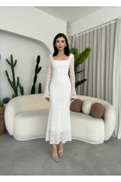 Caddebostan Moda Square Neck Lace Long Sleeve Midi Length Evening Dress and E...