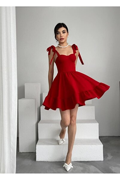Caddebostan Moda Shoulder-Tie Strap Mini Flared Dress with Corset Model