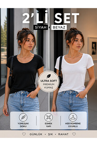 Hayalet 2'li Set Kadın Premium Pamuk Basic T-Shirt Oval Yaka Kısa Kollu Loose...