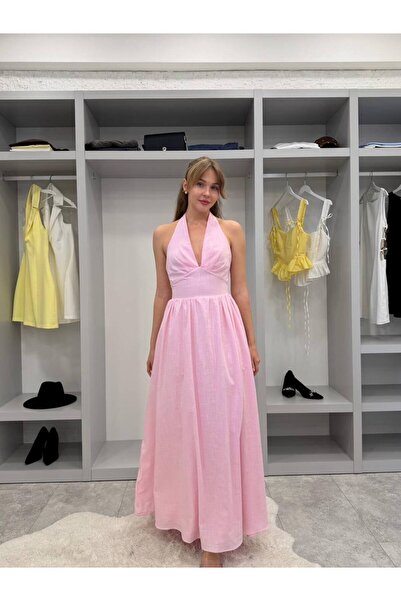 FLOWERİNG Women's Pink Linen Neck Tie Lined Maxi Dress