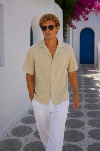 MADZEYMODA Men's Short Sleeve Muslin Shirt with Apaş Collar, Comfortable Fit,...