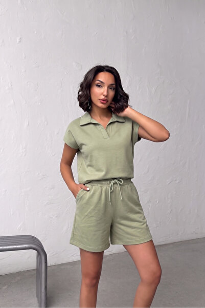 NEW JOURNAL Women's Green Polo Collar Elastic Waist Top and Shorts Set Nj141