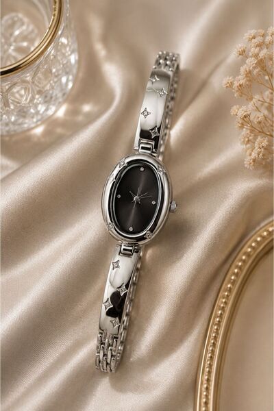 Eylemboutique Women's Oval Dial Stone Detailed Elegant Wristwatch – Gold & Si...