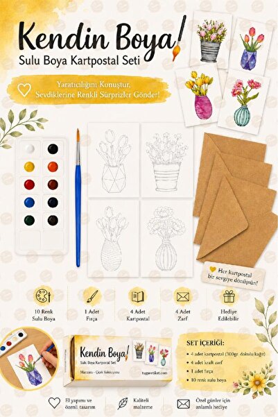 TUĞSET Kendin Boya Watercolor Postcard Set of 4 (Watercolor + Envelopes + Bru...