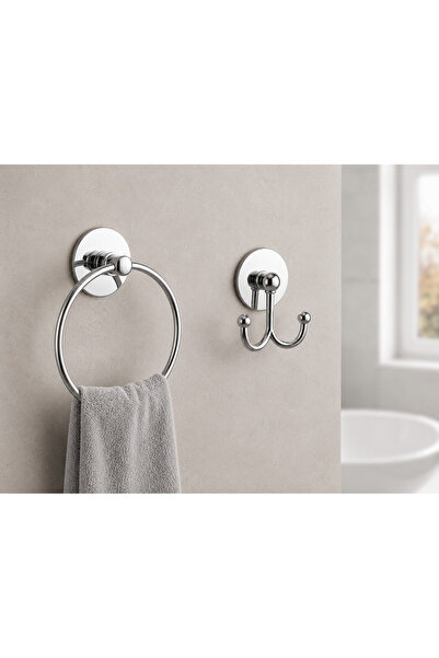 Yapışkanlı 2’li Minimal Banyo Aksesuar Seti – Halka Havluluk ve Çiftli Askılık
