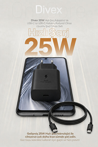 Divex 25W Android Uyumlu Süper Hızlı Şarj Adaptörü & Kablo USB-C to USB-C (1 ...