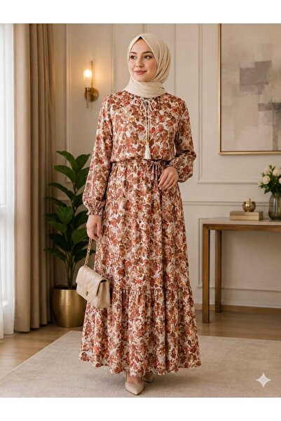 bubiee baby Women's Brown Bohemian Style Tassel Detailed Floral Maxi Dress wi...