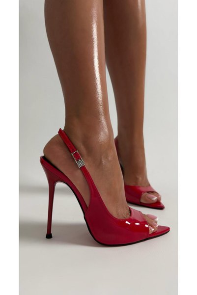 Naz Luxury Shoes Di̇na Patent Leather Heeled Shoes Red