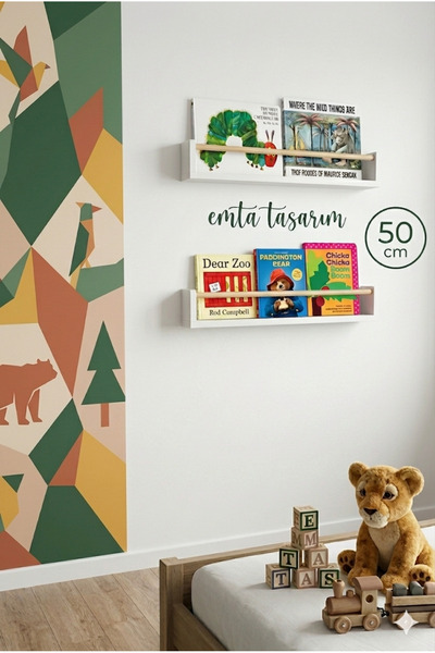 emta tasarım 50 cm Beyaz naturel 2 li raf Montessori kitaplık çocuk odası aks...