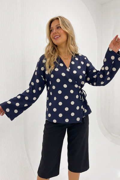 Bigdart Women's Double-Breasted Polka Dot Blouse 40004 - Navy Blue