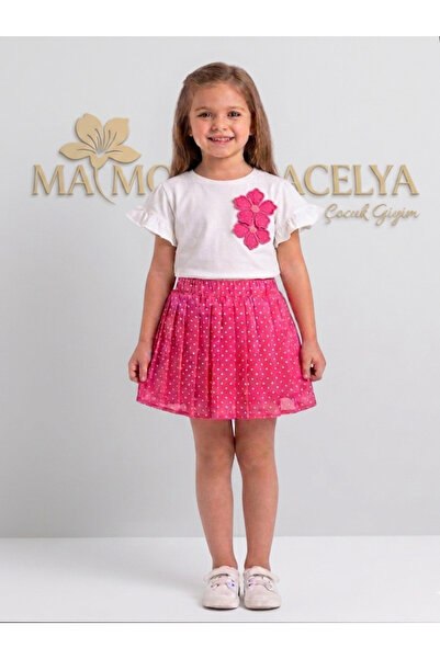 MODA AÇELYA Girl's Floral Detailed T-Shirt and Polka Dot Skirt Set