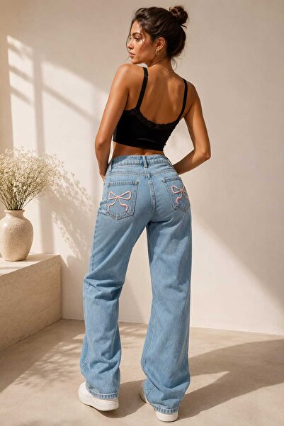 satya Pembe Fiyonk Detaylı Yüksek Bel Straight Jean Pantalon