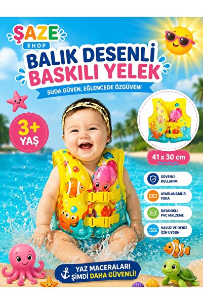 SAZE Balık Desenli Baskılı Çocuk Deniz Yeleği 41x30 cm Sarı Can Yeleği 3+ Yaş...