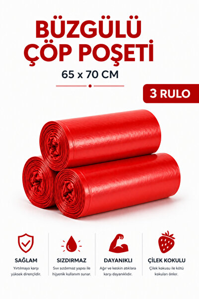 MSE HOLD Büzgülü Çöp Poşeti Çilek Kokulu 65×70 cm Büyük Boy 3 Rulo Dayanıklı ...