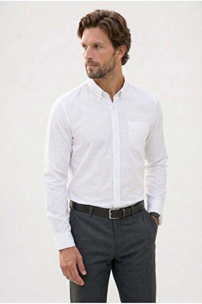 Tudors Erkek Slim Fit Dar Kesim Uzun Kollu %100 Pamuk Keten Efektli Düğmeli Y...
