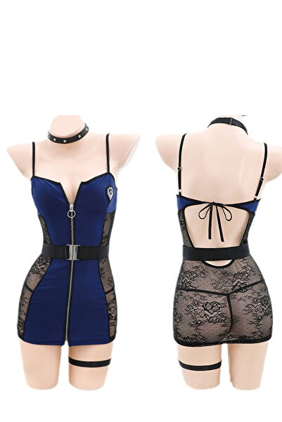 JInsh Navy Police Style Lingerie Dress, Sheer Lace & Zipper Front, Modest & T...