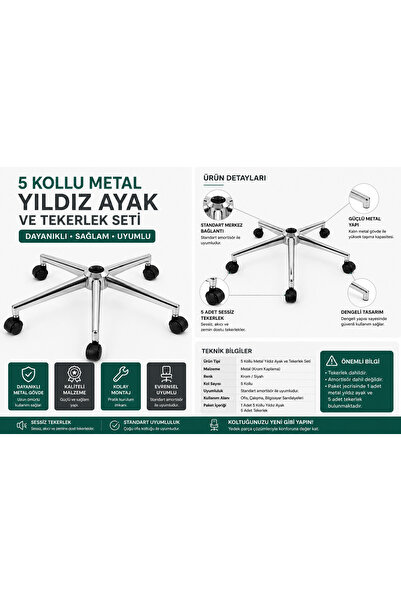 kübrabüro 5 Kollu Metal Yıldız Ayak ve Tekerlek Seti Krom Ofis Koltuğu Ayağı