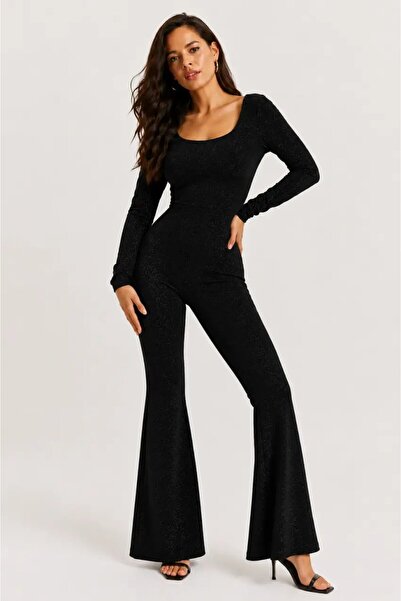 Cool & Sexy Backless Glittery Spanish Leg Jumpsuit – Black