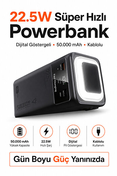 Ecuy 50000 mAh 22.5W Süper Hızlı Şarj Dijital Ekranlı Kablolu LED Işıklı Powe...