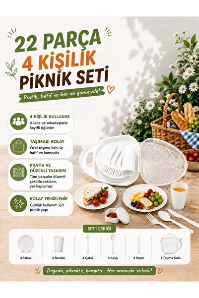zemihra Özel Tasarım Çentik Tabaklı 22 Parça Taşıma Çantalı Piknik Seti 4 Kiş...