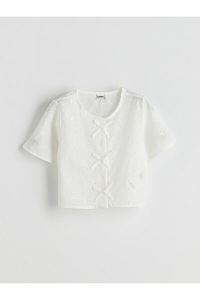 LC Waikiki Girl's White Crew Neck Shirt with Bow Detail