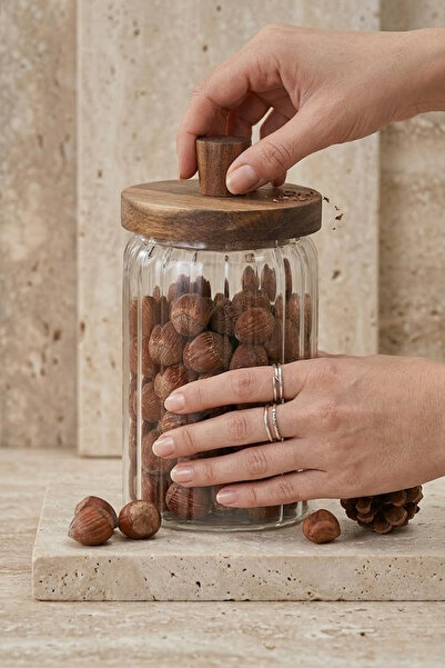 Atbyhome Borosilicate Glass Storage Container with Wooden Lid 700 ml - Corrug...