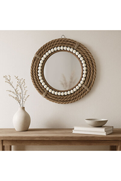 Callena Oglindă decorativă vintage, rustică, boho, cu șnur rotund din bumbac, oglindă pentru hol, dormitor, 31x31cm