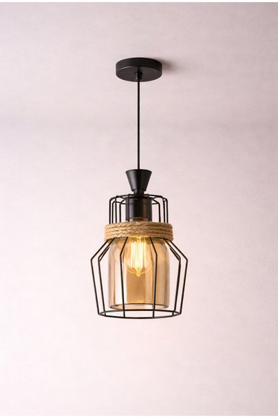 Pendulum Pendul , abajur sticlă aurie, cadru metal negru, sfoară decorativă, reglabil în înălțime