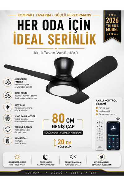 Kılıforyum 80 CM Akıllı Tavan Vantilatörü LED Aydınlatmalı | Kumandalı & Tele...