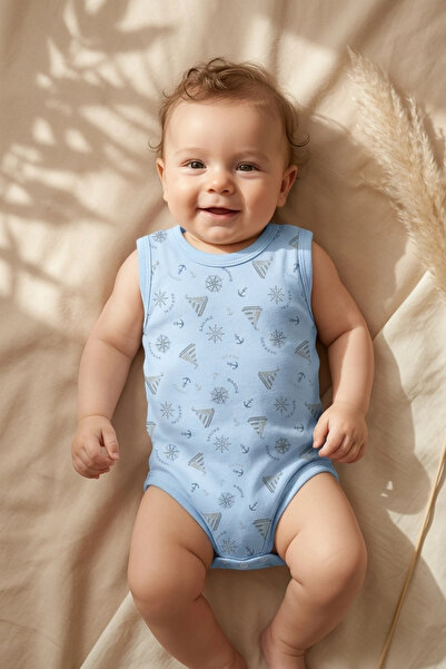 Babydonat Baby Light Blue Nautical Patterned Sleeveless 100% Cotton Snap-On B...