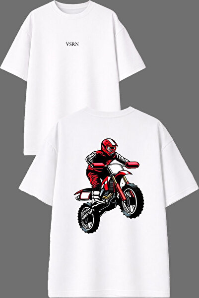 VSRN Red Cros Motor Design Front and Back Printed White Oversize t Shirt