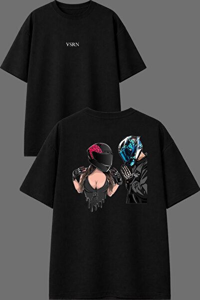 VSRN Motorcycle Lover Design Front and Back Printed Black Oversize t Shirt