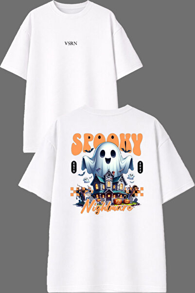 VSRN تي شيرت أبيض كبير الحجم بتصميم مطبوع من الأمام والخلف من Ghost Scary Design