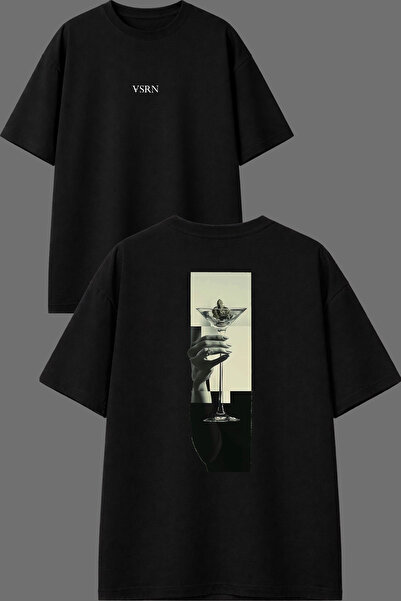 VSRN Luxury Cocktail Design Front and Back Printed Black Oversize T-Shirt