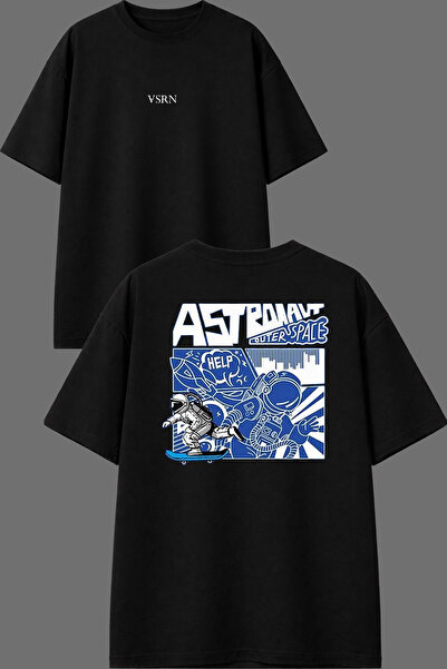 VSRN تي شيرت Astronaut Blue Design مطبوع من الأمام والخلف باللون الأسود مقاس ...