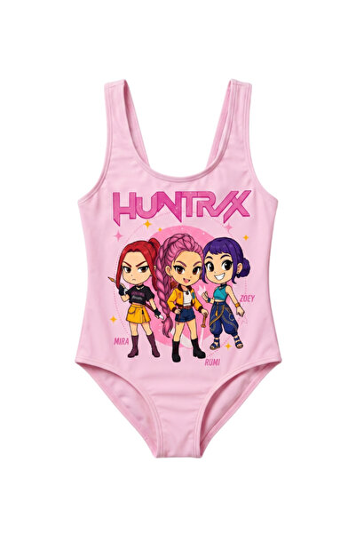 Gadget Gear Kız Çocuk Pembe Chibi Anime Karakter Baskılı Tek Parça Mayo