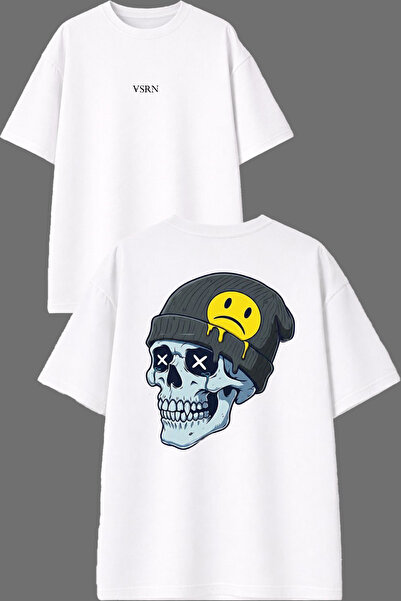 VSRN Tricou supradimensionat alb cu imprimeu Bereli Skeleton Design față și s...