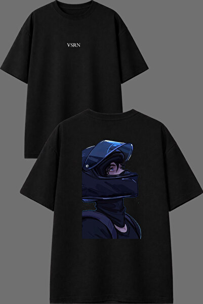 VSRN Handsome Anime Biker Design Front and Back Printed Black Oversize t Shirt