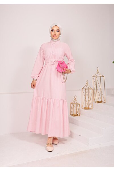 MODA 8723 ÇİZGİLİ VİSKON KETEN KUMAŞ SEYYAR KEMERLİ YARIYA KADAR DÜĞMELİ ELBİ...